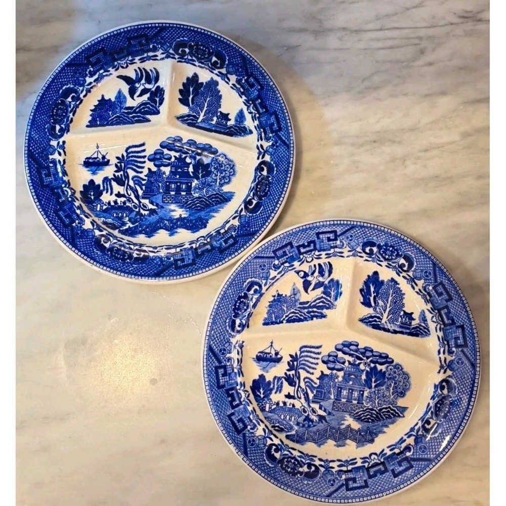 Vintage 1940's Blue Willow Divided Grill Plates-Made in Japan - Set of 2